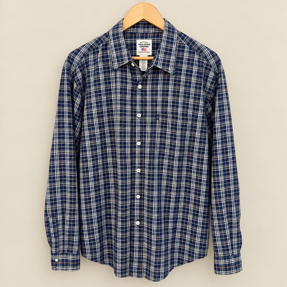 Ralph Lauren Polo Jeans Co Mens XL Blue Plaid Cotton Button Down Shirt LS